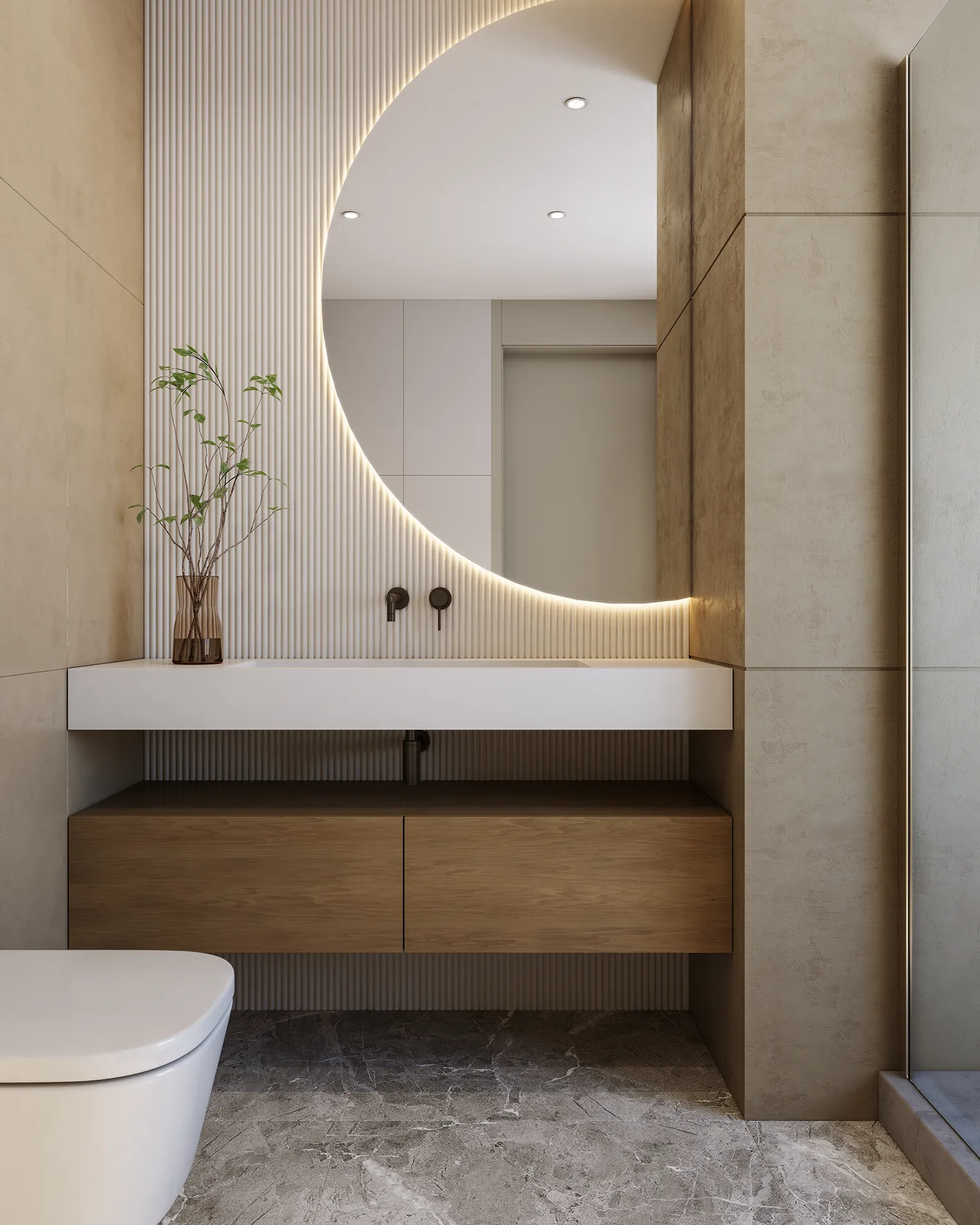 Modern compact bathroom with backlit circular mirror