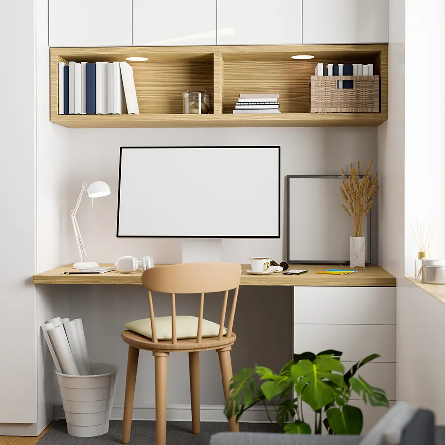 Compact home office with natural light and built-in storage