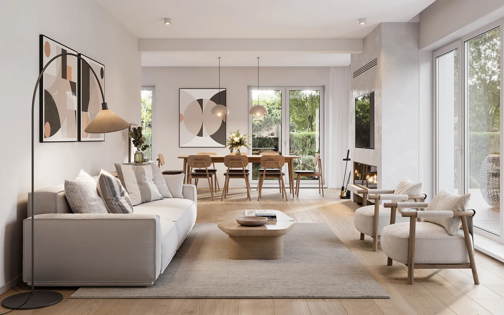 Open plan living dining room with pale wood details