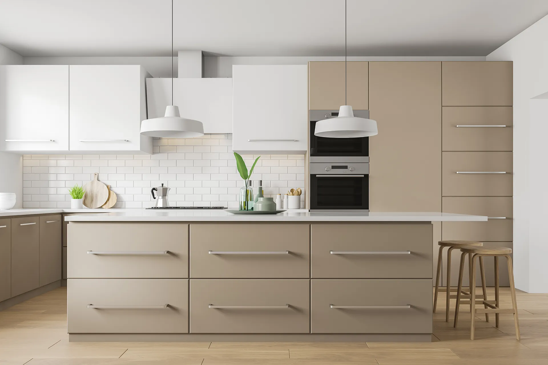 Sleek kitchen with lots of storage and subway tiling